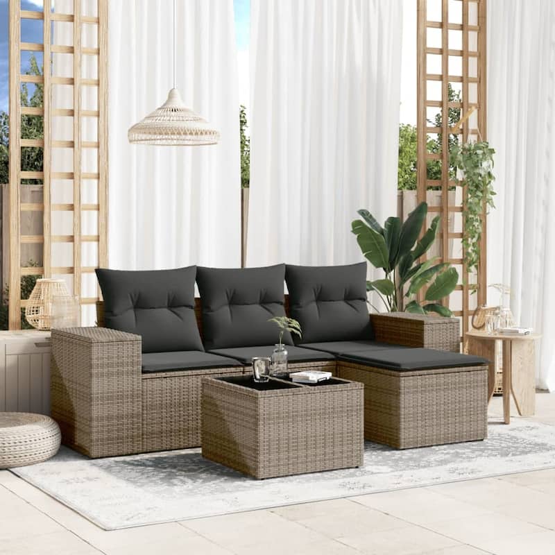 vidaXL Patio Sofa Set with Cushions Outdoor Conversation Furniture Poly Rattan - 21.7 x 21.7 x 14.6 - Gray with table