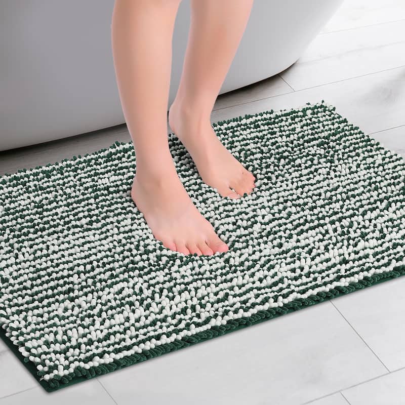 Chenille Striped Bathroom Rugs, Extra Thick and Absorbent Bath Rug Non-Slip Soft Plush Shaggy Bath Carpet - Green
