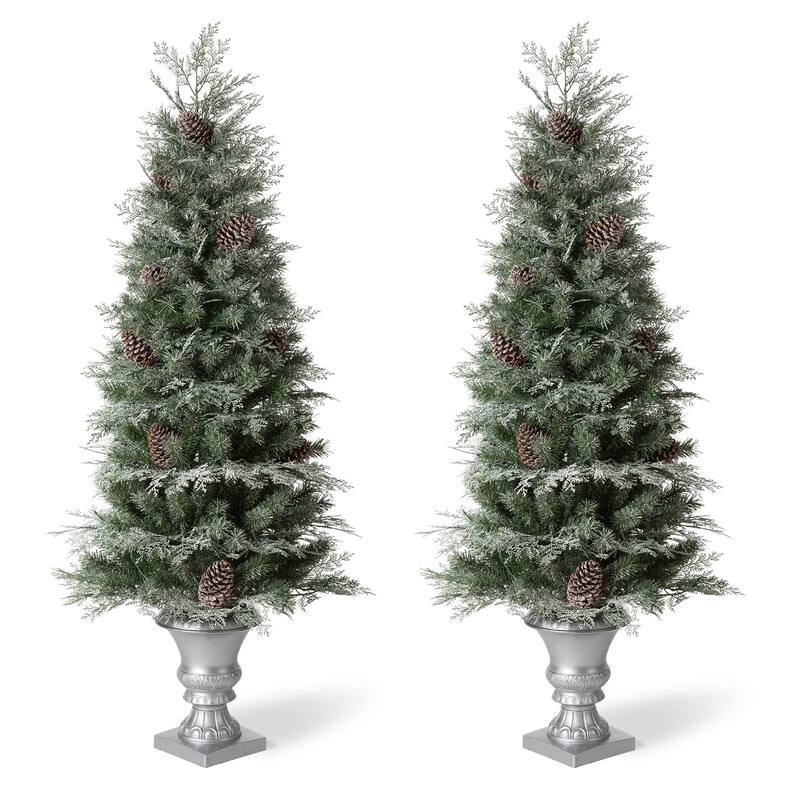Glitzhome 4ft/5ft Pre-Lit Pine Artificial Christmas Porch Tree with Warm White Lights and Silver Pot