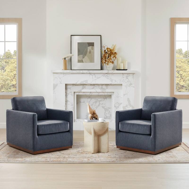 Spruce & Spring Modern Swivel Accent Chair with Wooden Base - Set of 2 - Navy Blue-Faux Leather