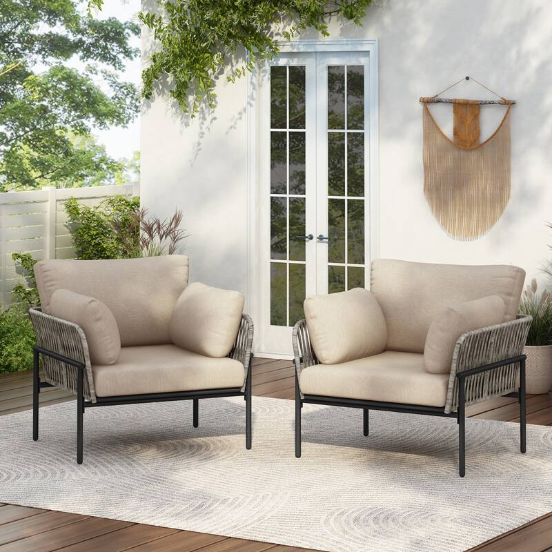 Modern Rattan Lounge Chair with Metal Frame & Cushions Patio Rope Weave Accent Armchair for Indoor, Poolside, Garden, Set of 2 - Beige+Grey