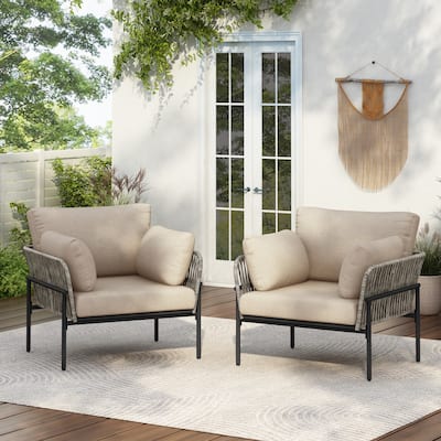 Modern Rattan Lounge Chair with Metal Frame & Cushions Patio Rope Weave Accent Armchair for Indoor, Poolside, Garden, Set of 2
