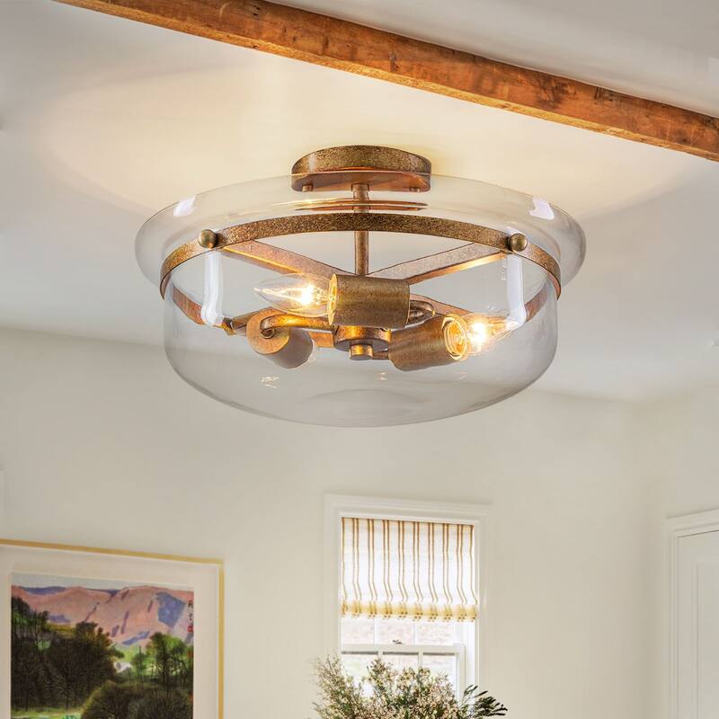 3-Light Semi Flush Mount with Clear Glass - Copper