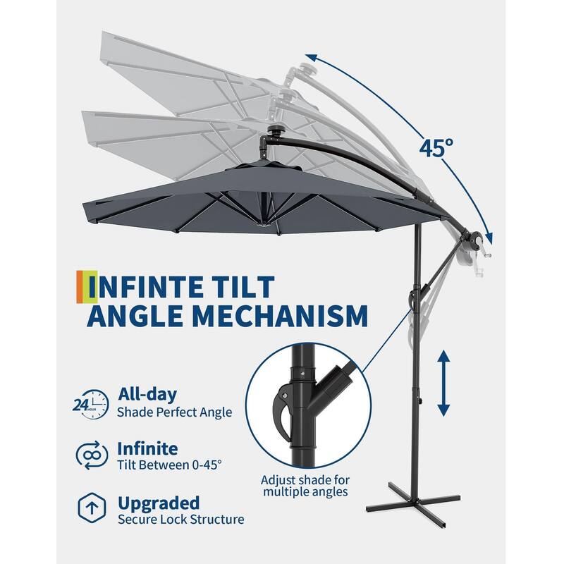 Coromose 10FT Hanging Cantilever Umbrella, 8 Ribs, 360 Rotating Base
