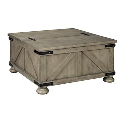 Farmhouse Cocktail Table with Lift Top Storage and Crossbuck details, Gray