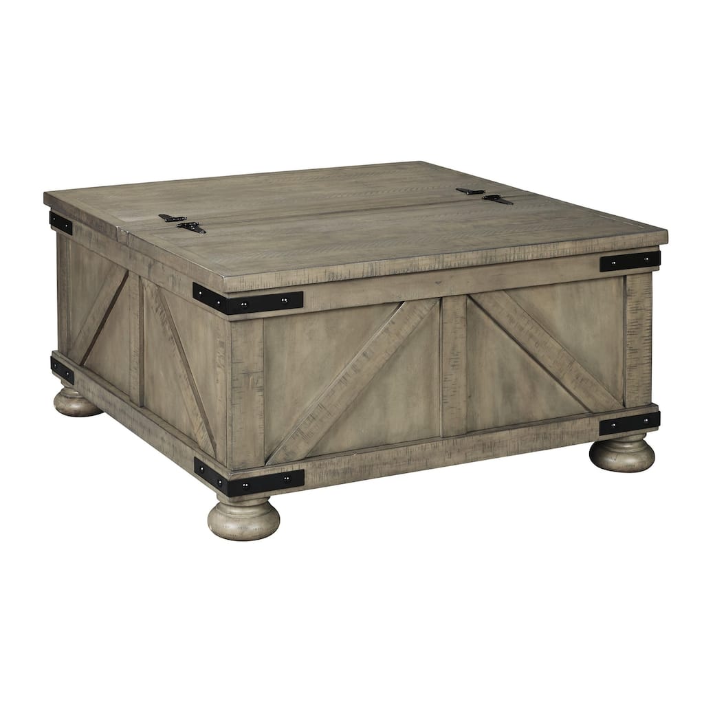 Farmhouse Cocktail Table with Lift Top Storage and Crossbuck details, Gray