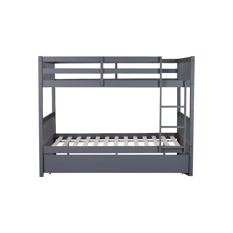 Full Over Full Bunk Bed Wood Bunk Bed with Trundle, Ladder and Guardrails,Convertible to 2 Bed for Teens, Adults