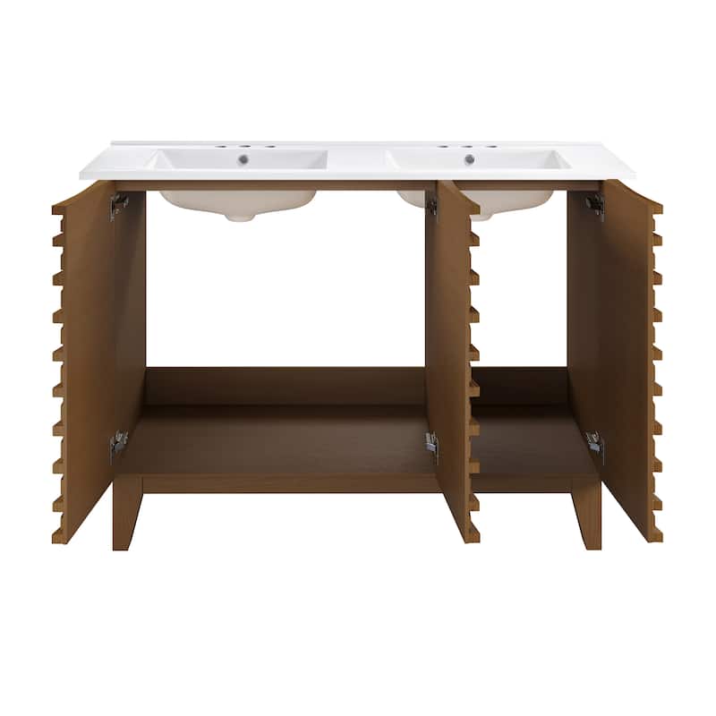 Cascade 48 In. Brown Oak, Double Basin Bathroom Vanity With White, 3-Hole Ceramic Sink Top