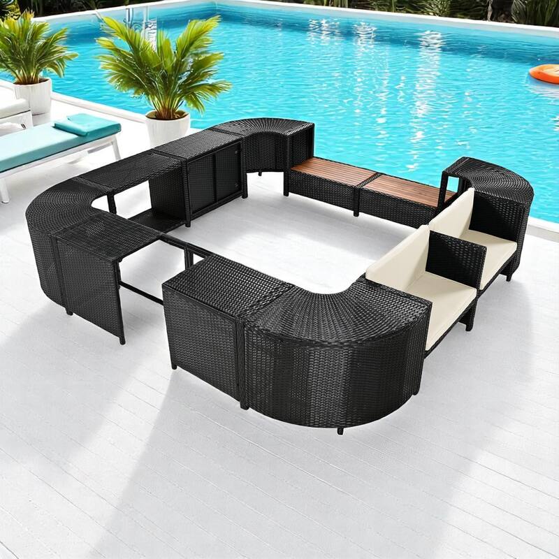 Outdoor Hot Tub Surround Spa Furniture Set with Storage Cabinet, Cushioned Seats - Beige Patio Lounge Set