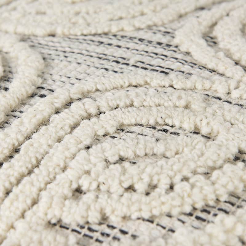 Mercana "Amaira" Cream / Black / White Patterned Wool & Cotton Square Pouf