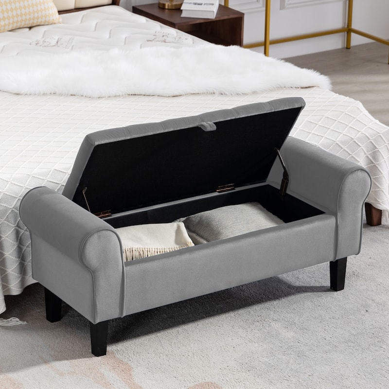 Velvet Storage Bench With Rubber Wood Legs for Bedroom