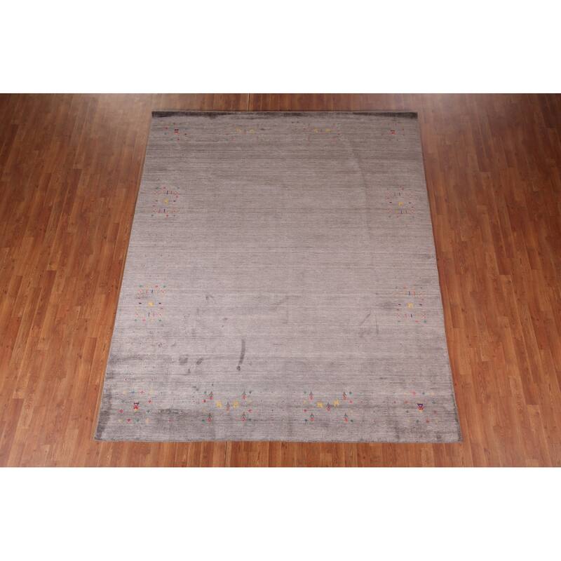 Gray & Brown Striped Gabbeh Oriental Area Rug Hand-Knotted Wool Carpet - 8'1"x 9'8"