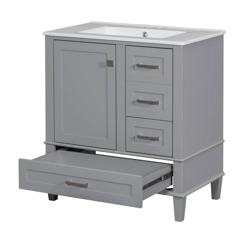 Single Sink Bathroom Vanity Cabinet, Vanity Base & Ceramic Sink Combo Set, 3 Drawers Bathroom Storage Cabinet, 30 Inch