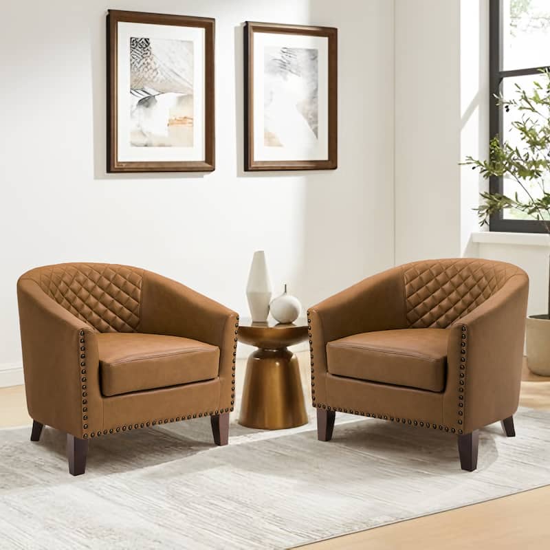 2 Set 29" W Vegan Leather Barrel Accent Chairs with Nailheads Trim - Coffee