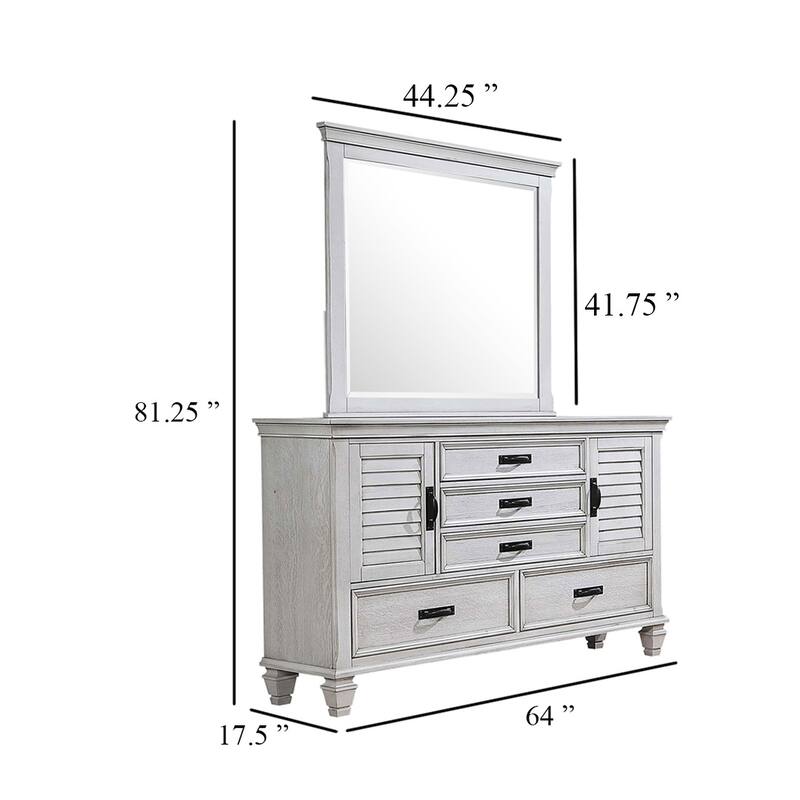 Eli Wide Dresser with Mirror, 5 Drawers 2 Cabinets, Distressed White