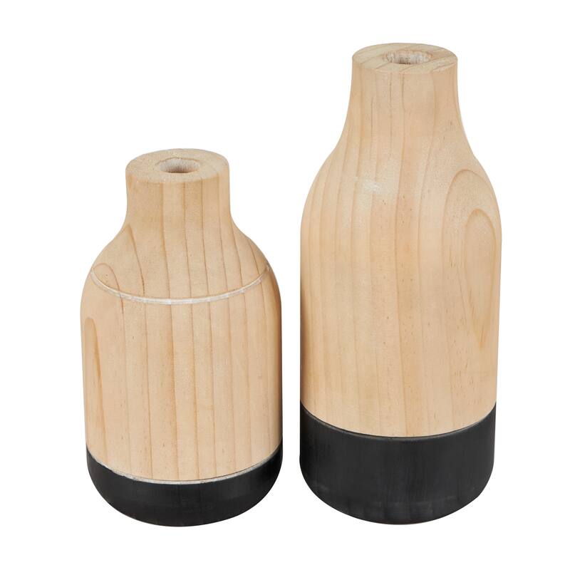 Light Brown Wood Colorblock Decorative Vase with Black Bases (Set of 2)
