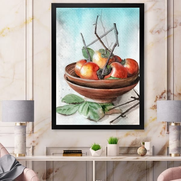 slide 1 of 10, Designart 'Clay Bowl Of Yellow Persimmon' Farmhouse Framed Art Print 12 In. Wide x 20 In. High - Black