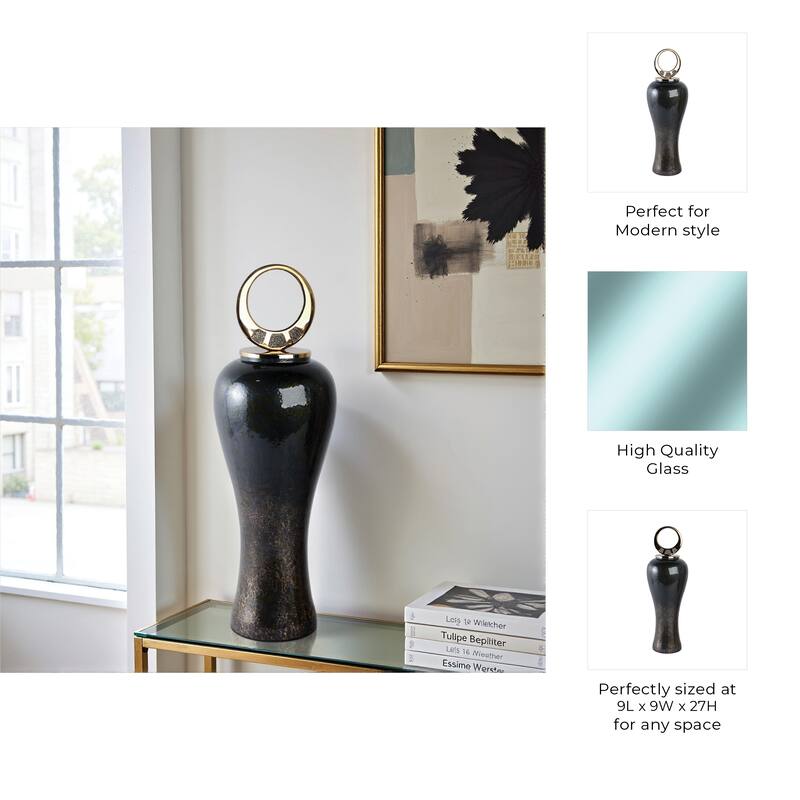 Glass Vase with Modern Sculptural Metal Brass Accent and Stone Detail