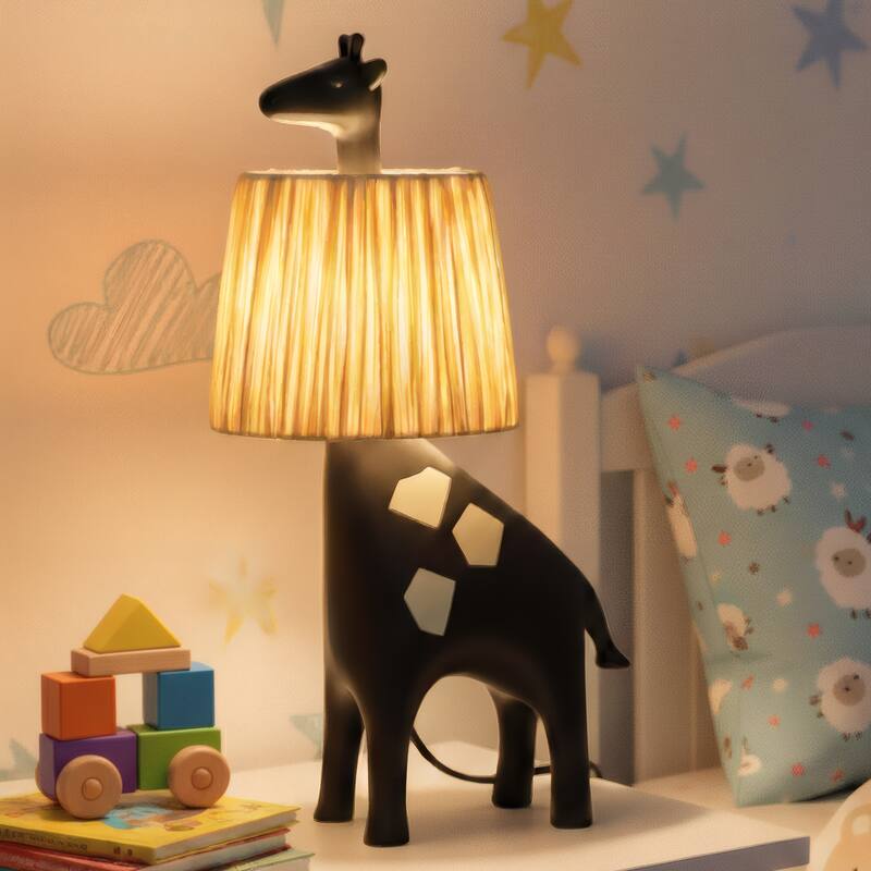 Giraffe Table Lamp with Handwoven Raffia Lampshade, LED Bedside Lamp with In-Line Switch, Resin Base - Black