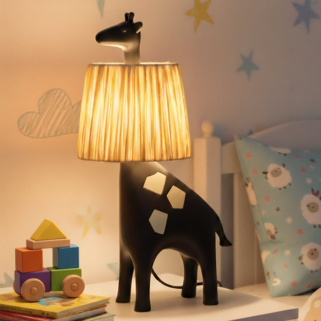 Giraffe Table Lamp with Handwoven Raffia Lampshade, LED Bedside Lamp with In-Line Switch, Resin Base