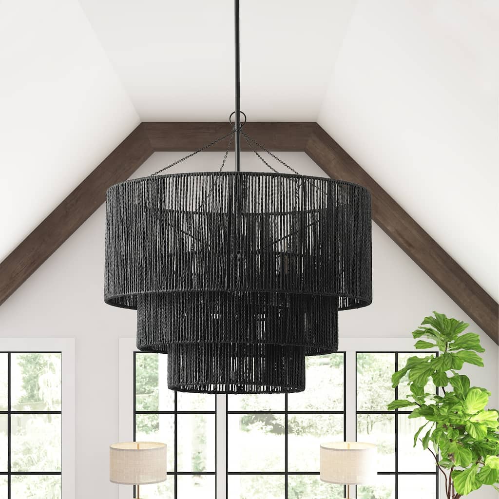 Farmhouse Matte Black Rope Paper Craft Pendant Light Hand-Woven Hanging Lamp