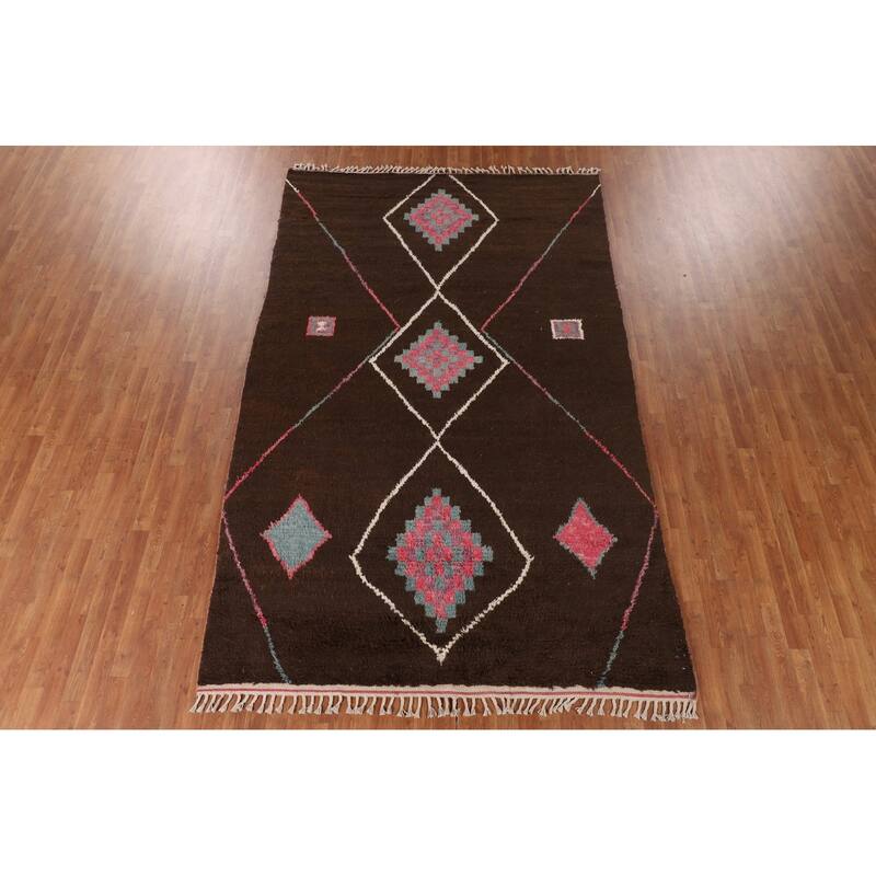 Tribal Brown Moroccan Oriental Area Rug Hand-Knotted Wool Carpet - 6'10" x 11'0"