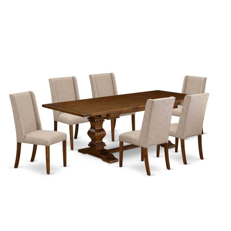 7-Piece Dining Set - Antique Walnut Table & Linen Fabric Chairs - 92