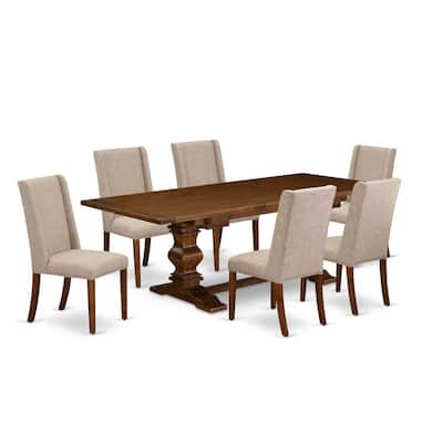 7-Piece Dining Set - Antique Walnut Table & Linen Fabric Chairs - 92