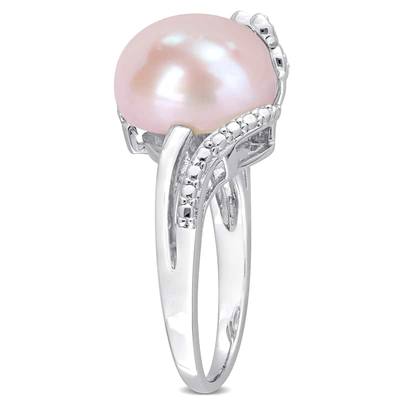 Miadora 12-12.5mm Button-Shaped Pink Cultured Freshwater Pearl and Diamond Accent Flower Split-Shank Ring in Sterling Silver