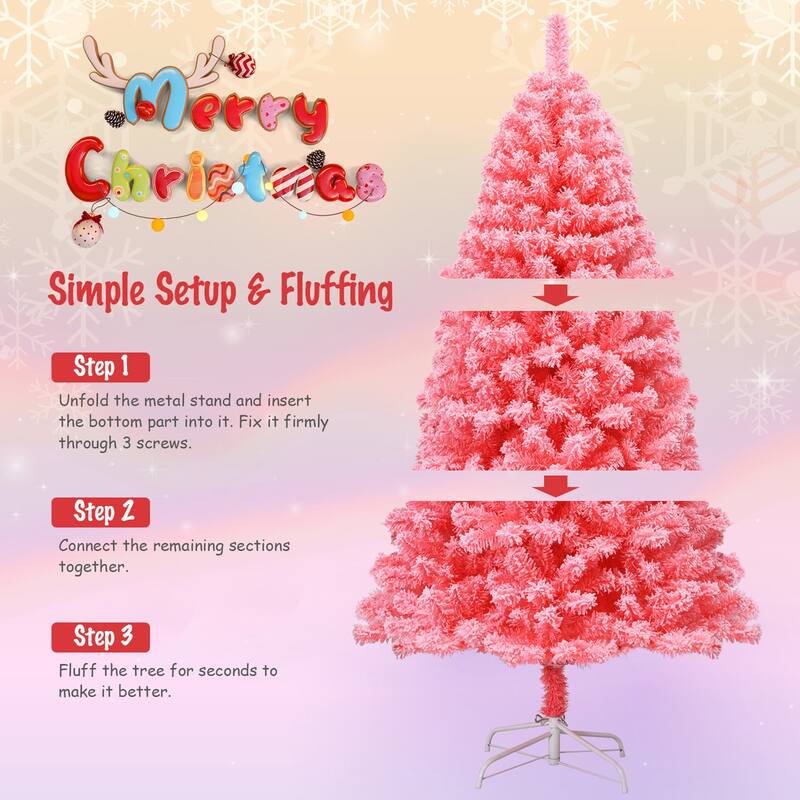 Gymax 4.5/6.5/7.5 FT Artificial Snow Flocked Pink Christmas Tree Unlit - See details