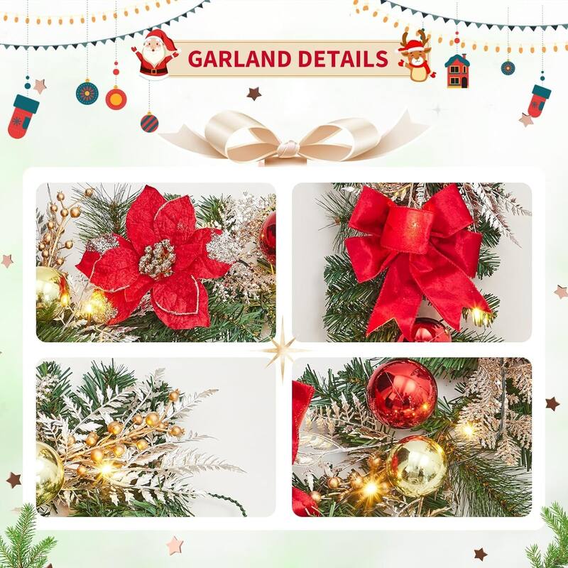 6ft Christmas Garland with Lights for Fireplace Stair Railing Holiday Decor - N/A