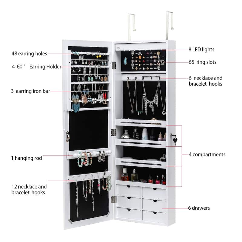 6-Drawers Wooden Wall Hanging White Jewelry Armoire Cabinet