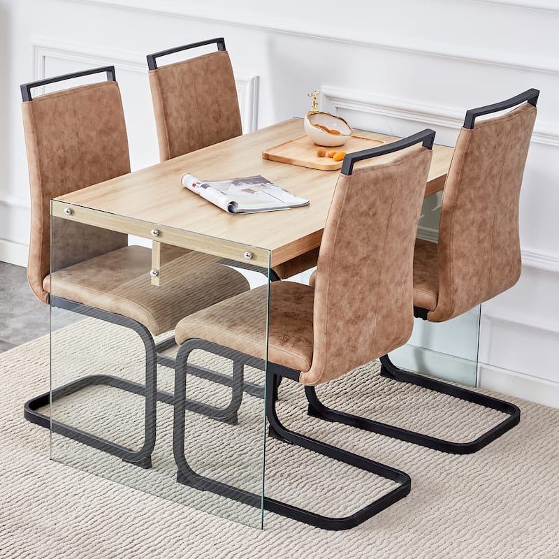 Modern Dining Set with Tempered Glass Legs & Fabric Chairs - Black+Wood