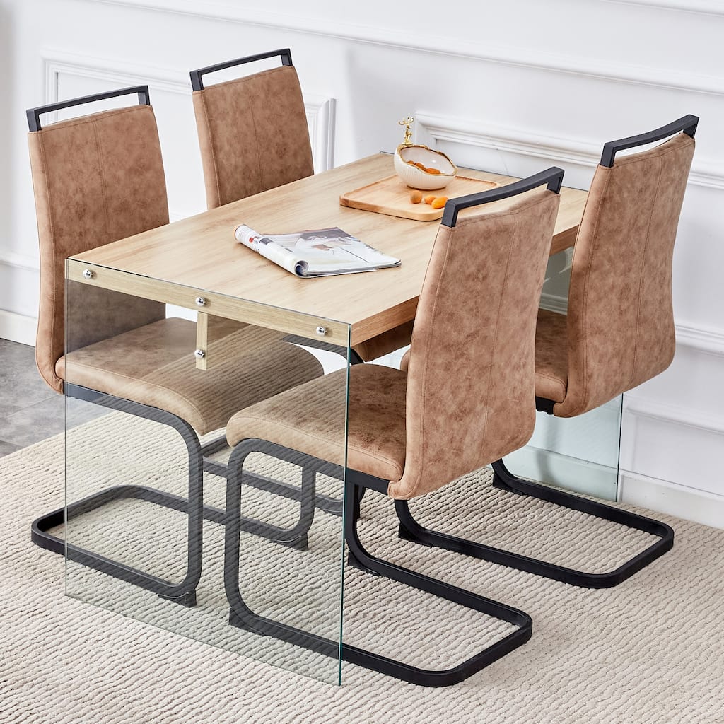Modern Dining Set with Tempered Glass Legs & Fabric Chairs