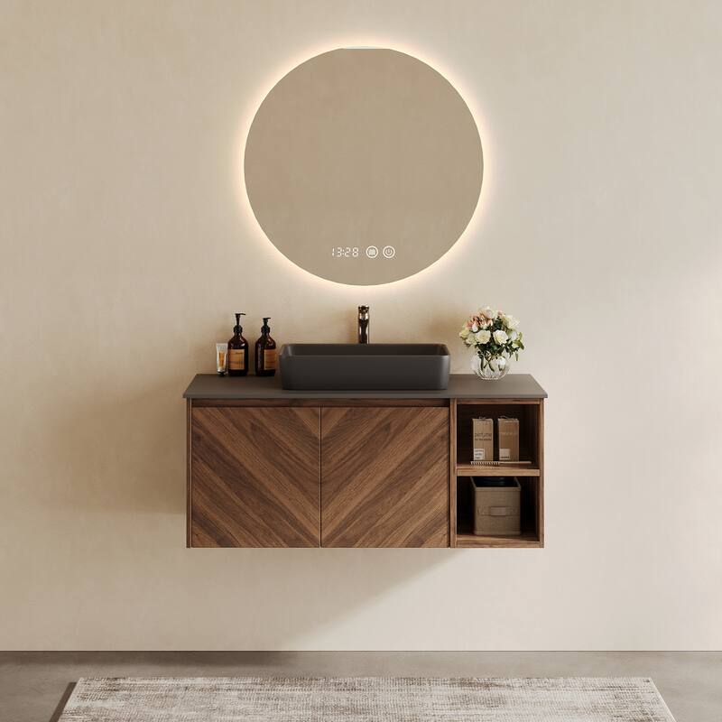 35.83'' Single Bathroom Vanity with Stone Top, Brown Wood, Black Vessel, Floading Vanities