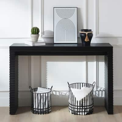 Modern Black Ribbed Design Console Table with Wood Grain Tabletop, Sleek Entryway Table Living Room Accent Table