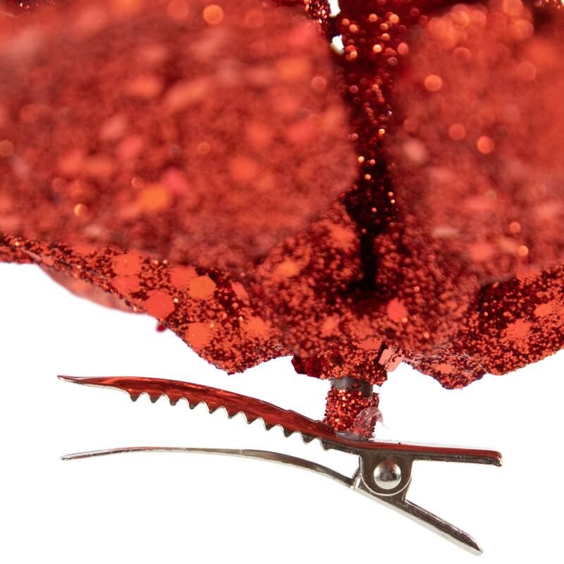 Artificial Glittered Poinsettia Christmas Floral Pick Clip-On Ornament - 9" - Red