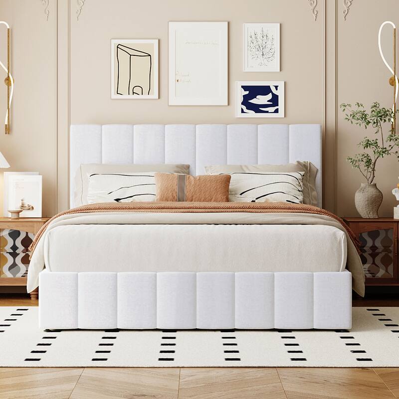 Hydraulic Lift Up Storage Bed, Linen Upholstered Platform Bed Frame with Vertical Panel Headboard, Wooden Slat Support - White - Queen