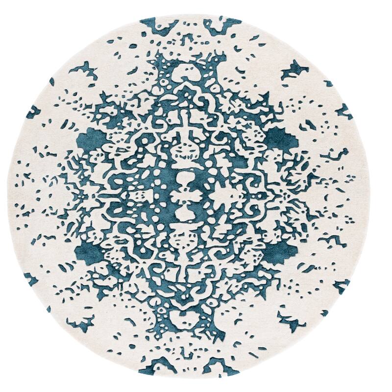 SAFAVIEH Handmade Fifth Roselette Avenue Modern Abstract Wool Rug - 6' Round - Teal/Ivory