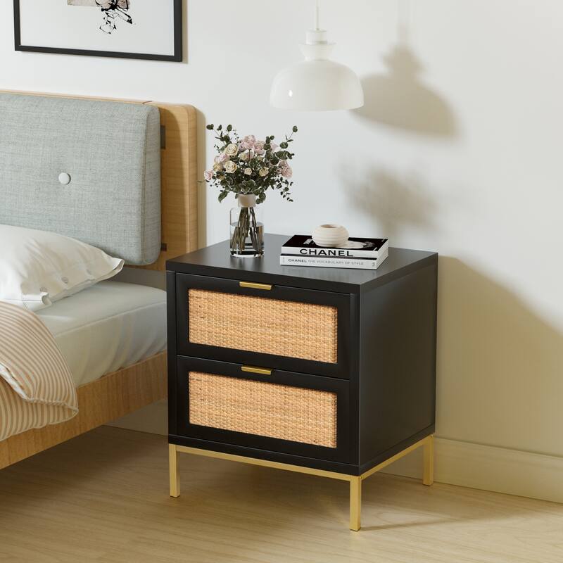 Anmytek 2 Drawer Modern Wood Rattan Black Nightstand Farmhouse Bedside Table - Black - 2-drawer