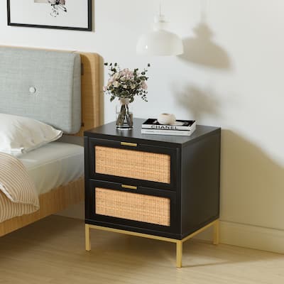 Anmytek 2 Drawer Modern Wood Rattan Black Nightstand Farmhouse Bedside Table