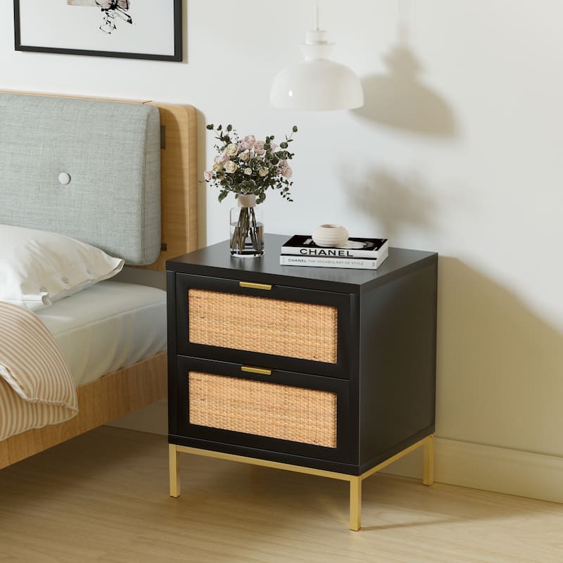 Anmytek 2-Drawer Farmhouse Black Wood Rattan Nightstand Bedside Table Side Table for Bedroom