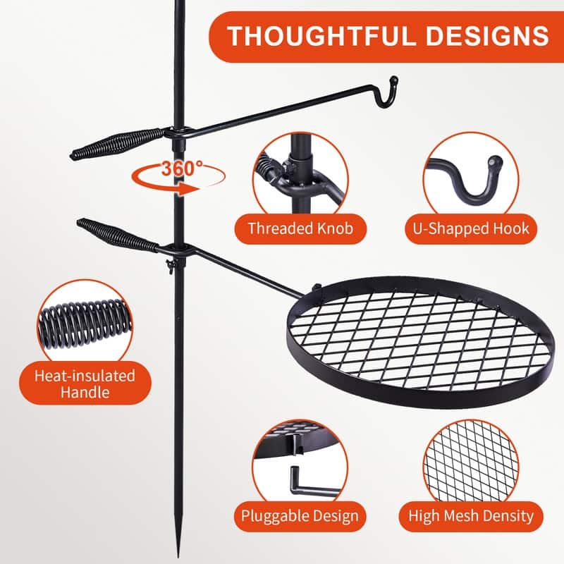 Swivel Campfire Grill With Height Adjustable Grill Grate And Hanger Rod