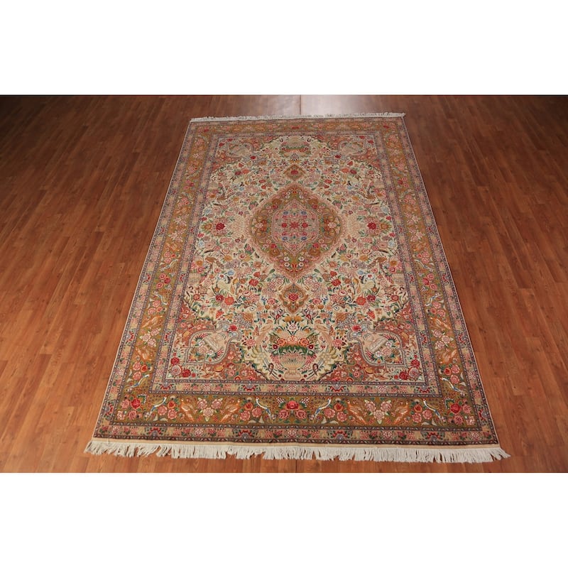 Vegetable Dye Tabriz Persian Area Rug Handmade Silk & Wool Carpet - 6'7" x 9'10"