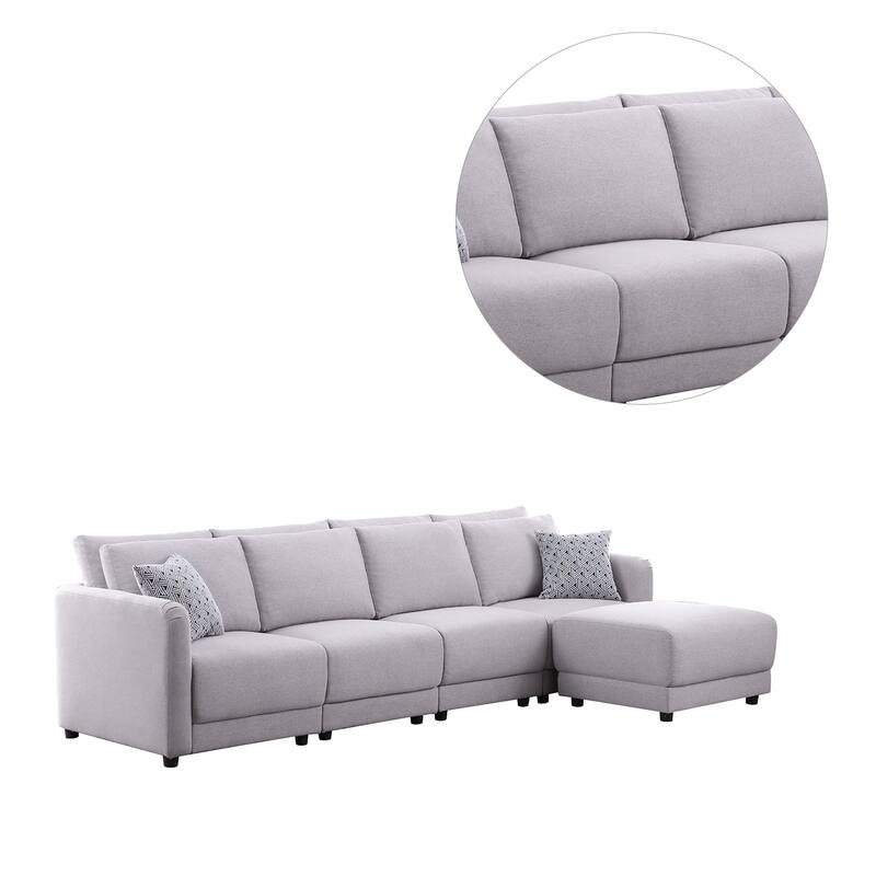 Linen Upholstered 4-Seater Sofa with Ottoman in Light Gray