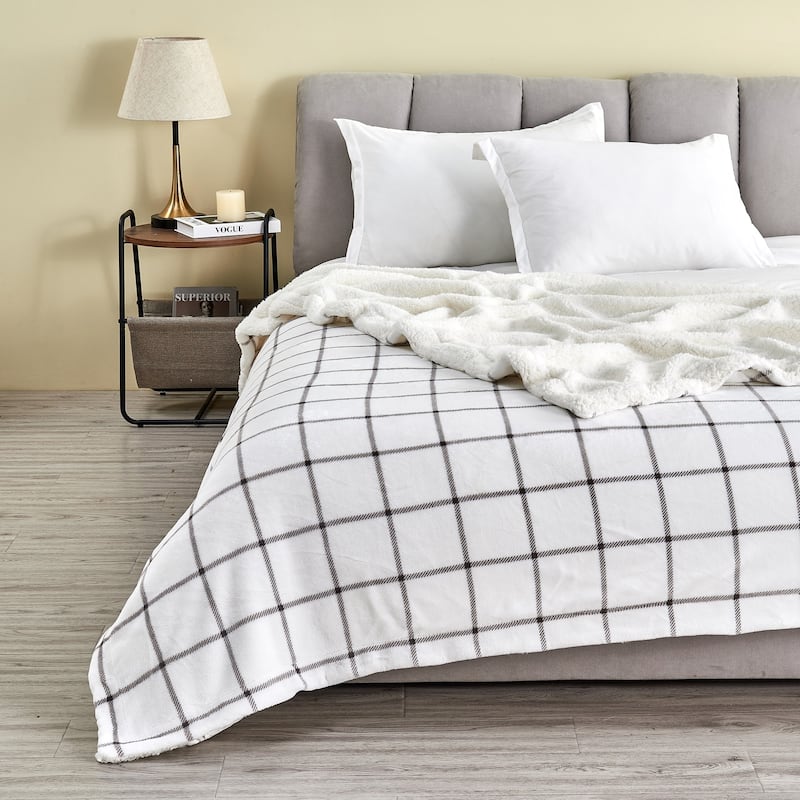Linery & Co. Velvet Plush Reversible Sherpa Throw Blanket - 50" x 60" Throw - Grey Windowpane