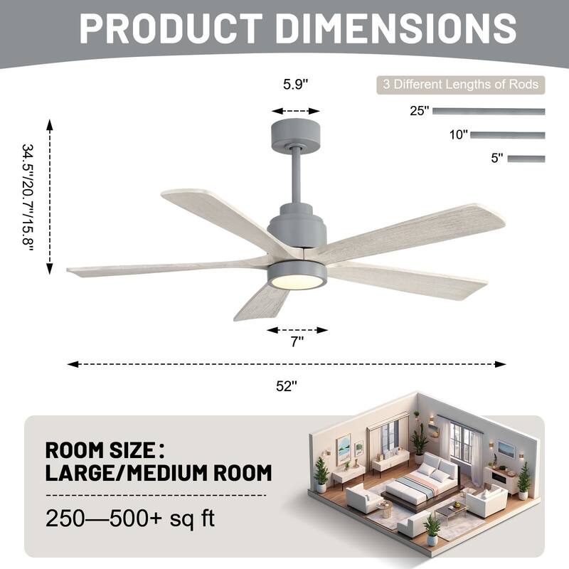 52" Solid Wood Noiseless Ceiling Fans with Dimmable LED Light Optional and Remote, 6-Speed Reversible DC Motor,Smart Optional