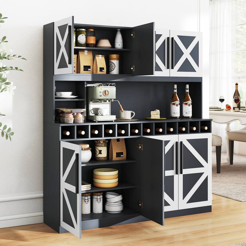 Gymax 63'' Wide Kitchen Buffet Hutch w/4 Cabinets 2 Open Shelves &