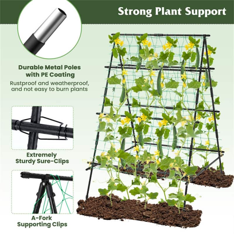 Black PE-Coated Metal A-Frame Garden Trellis with Netting Support - 41" x 51" x 59" (L x W x H)