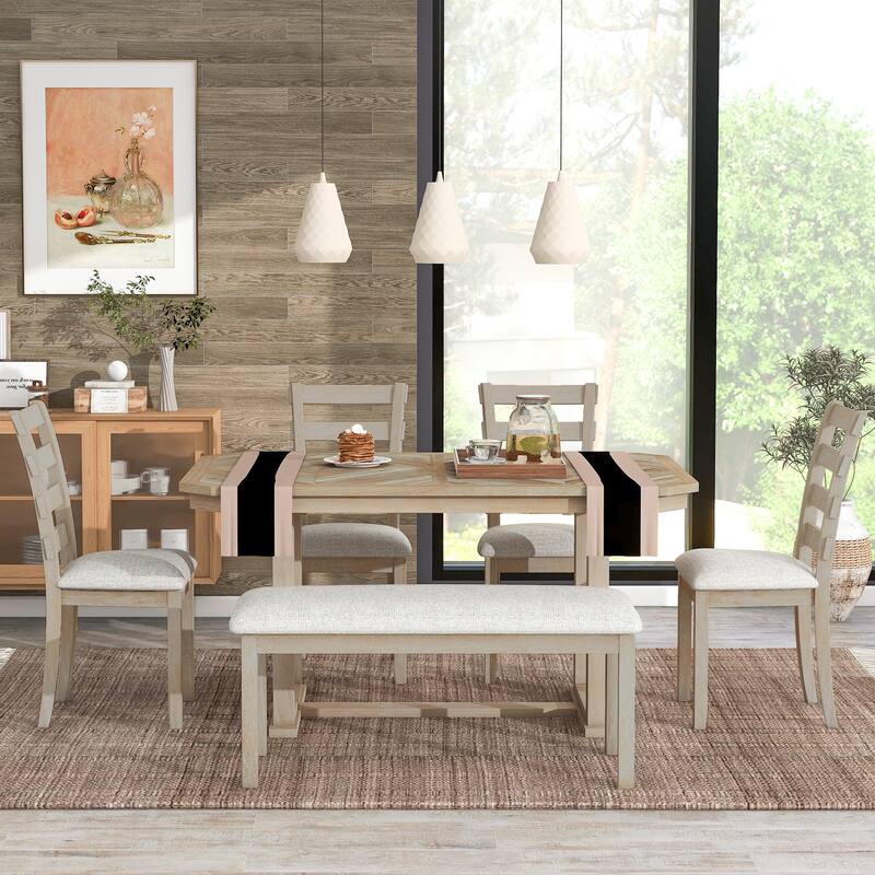 6-Piece Wooden Dining Table Set with Geometric Tabletop & 4 Chairs